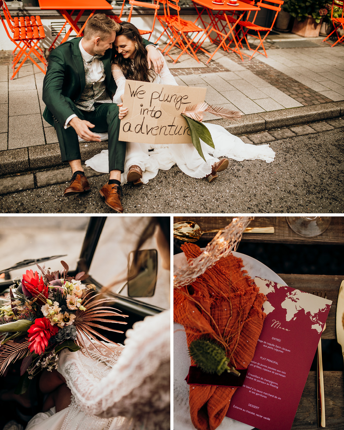 Collage: Brautpaar bei einer Getaway-Hochzeit, Menükarte in Rot mit Platzgedeck