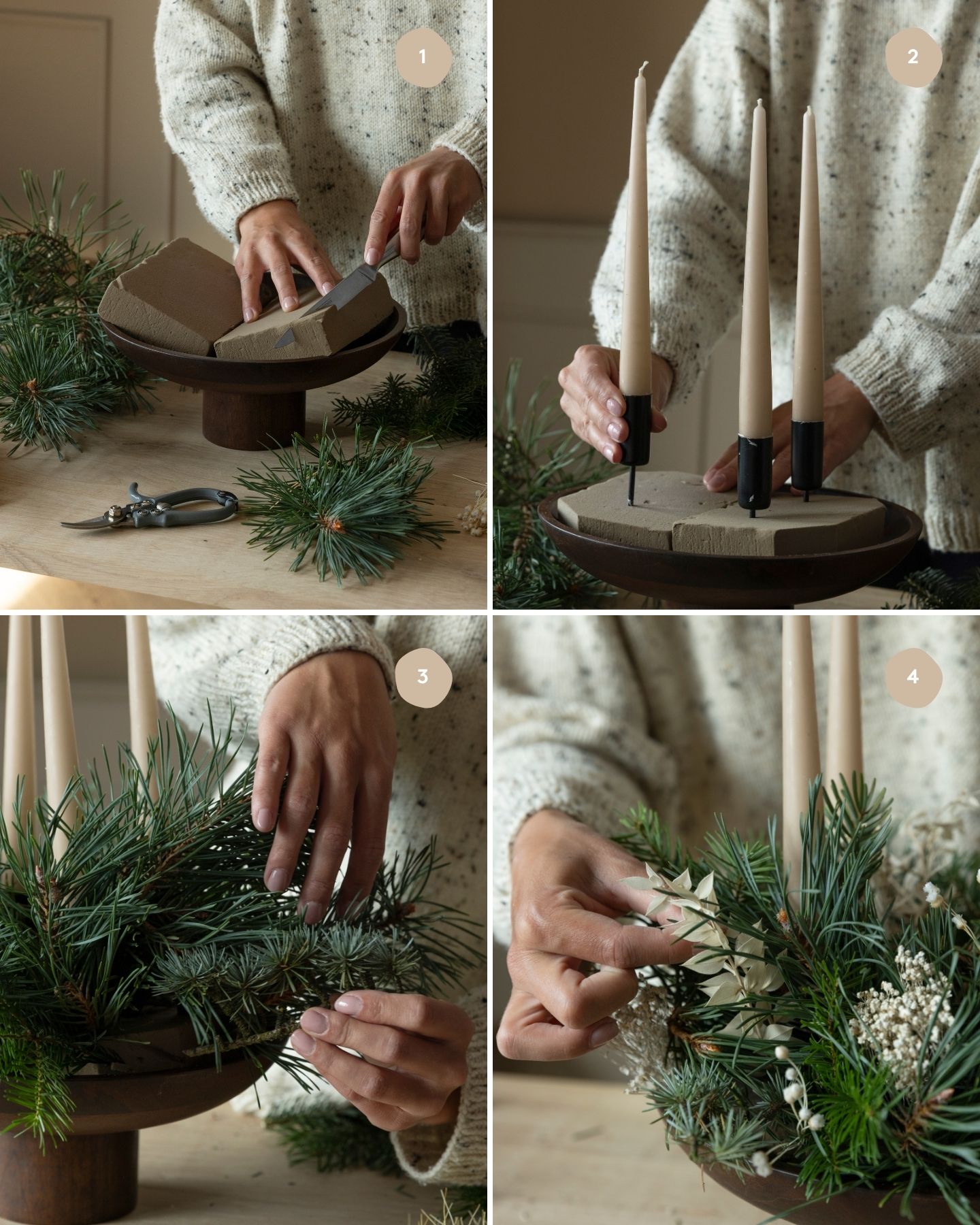 DIY-Adventskranz aus Tannengrün und Steckschaum verziert mit beige farbigen Kerzen und grünen Samtschleifen. Schritt-für-Schritt-Anleitung Teil 1.