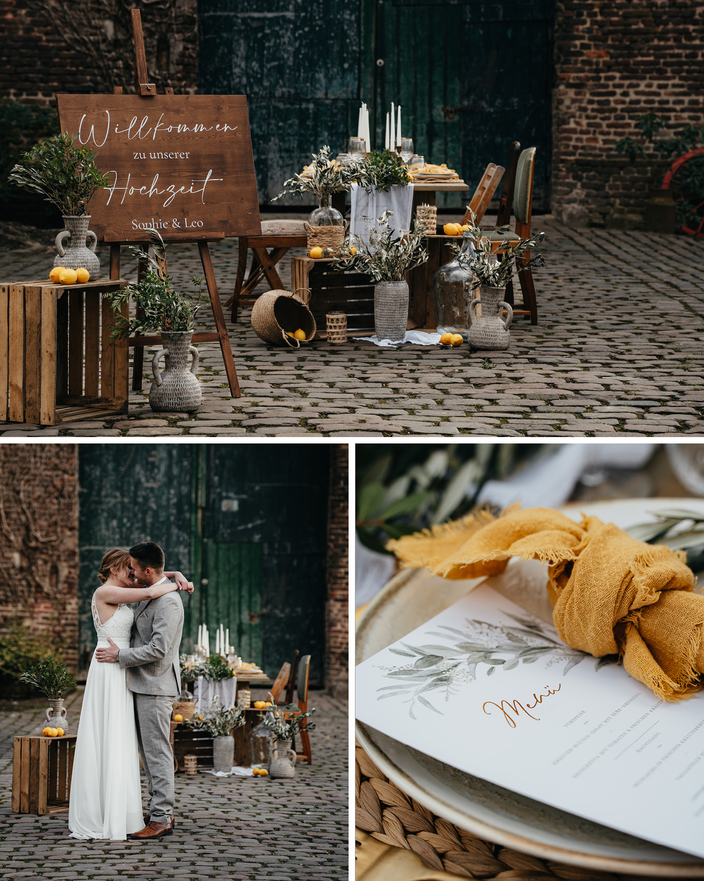 Dreiercollage mit Bilder einer Scheunenhochzeit im rustikalen Look