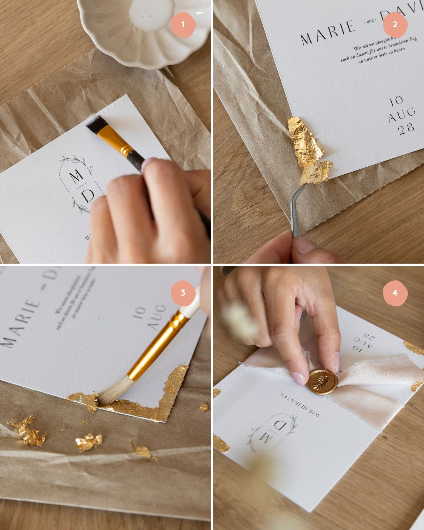 Schritt-für-Schritt-Anleitung. DIY Hochzeitseinladung mit goldenen Folienflocken.